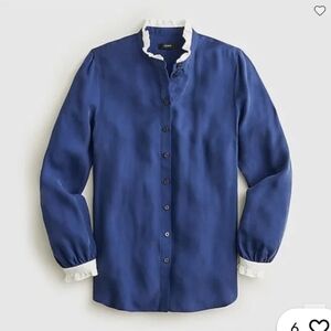 J. Crew drapey ruffle-trim cupro-blend shirt in navy SZ MEDIUM